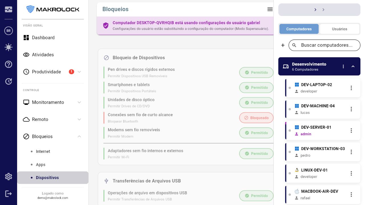 Tela de bloqueios de dispositivos e transferências USB no simulador MakroLock